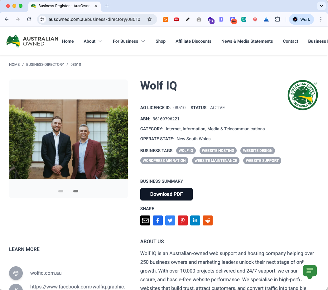 Business listing for Wolf IQ on Australian Owned site showing web services, team photo, and business tags - Wolf IQ