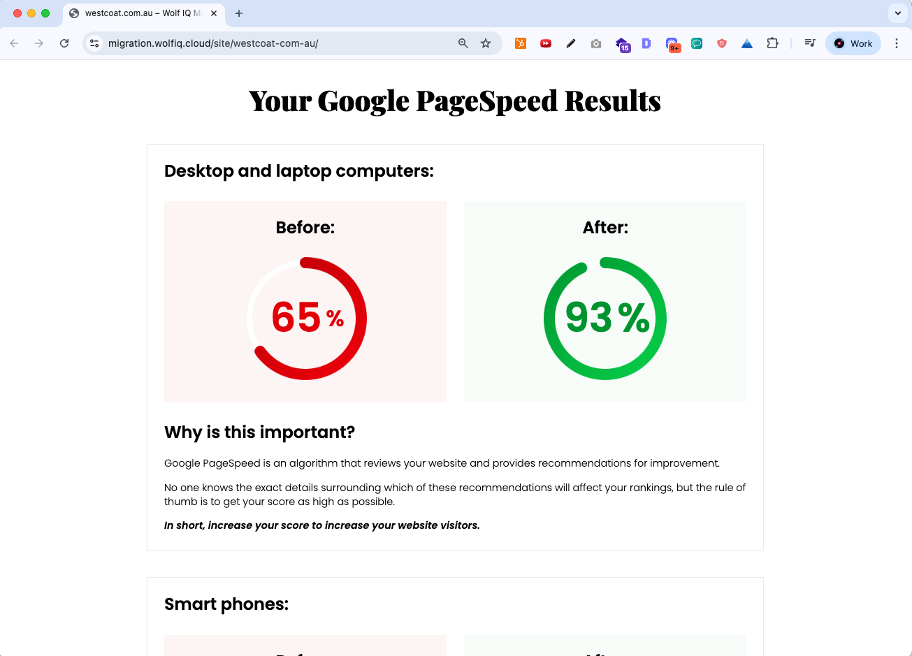 Google PageSpeed score improved from 65% to 93% after optimization, emphasizing website speed for better SEO - Wolf IQ