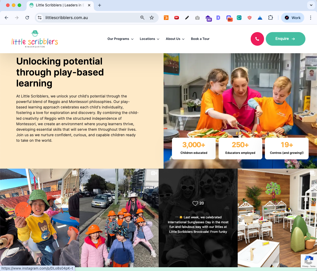 Little Scribblers website showcasing play-based learning, student stats, and Instagram photo highlights - Wolf IQ