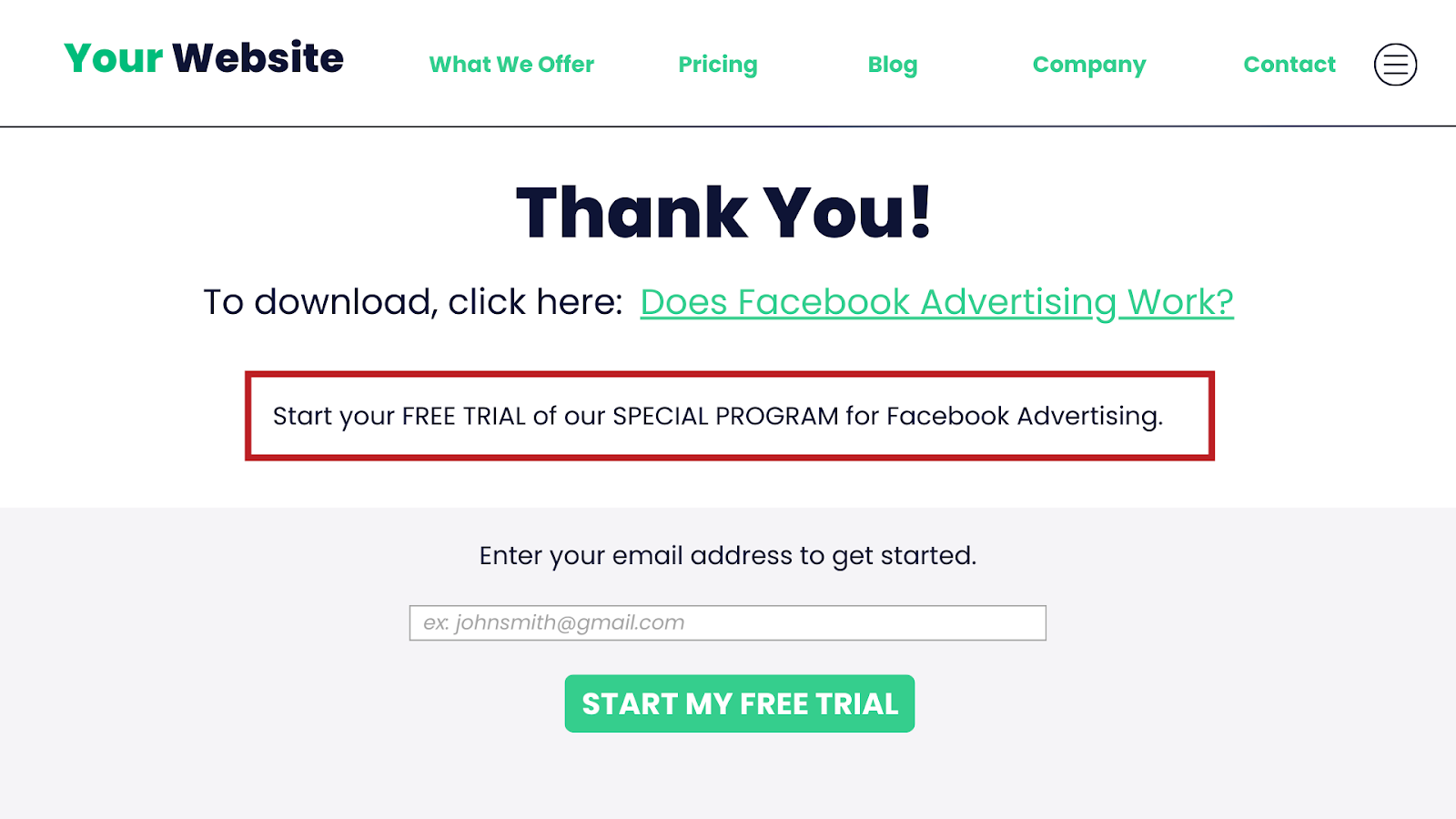 Thank you page with Facebook advertising trial offer to generate more leads - Wolf IQ