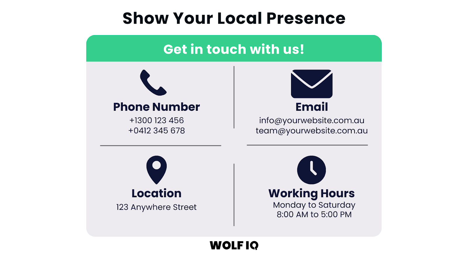 Show your local presence with phone, email, location and trading hours on your website - Wolf IQ