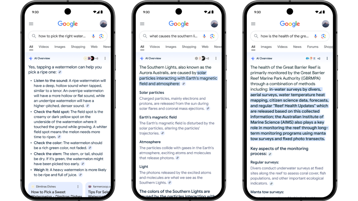 Three mobile phones displaying Google AI Overviews that summarise search results directly on-screen, showing how AI reshapes SEO visibility – Wolf IQ