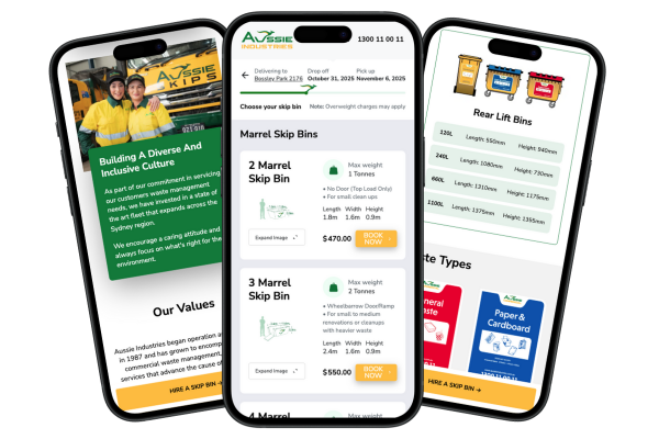 Three smartphones display Aussie Industries content: company values on building a diverse culture, skip bin booking options with pricing, and info on rear lift bins and waste types.