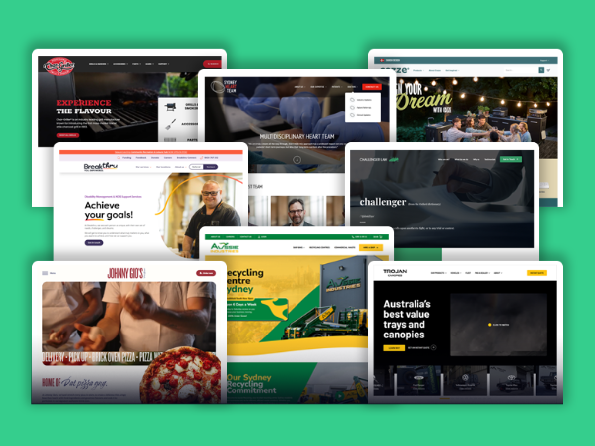 Collage of various website homepage screenshots featuring diverse industries including cooking, healthcare, recycling, and legal services on a green background.