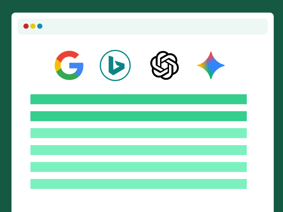 Browser window with icons of Google, Bing, OpenAI, and a colorful spark symbol above green and teal horizontal bars representing text or search results.