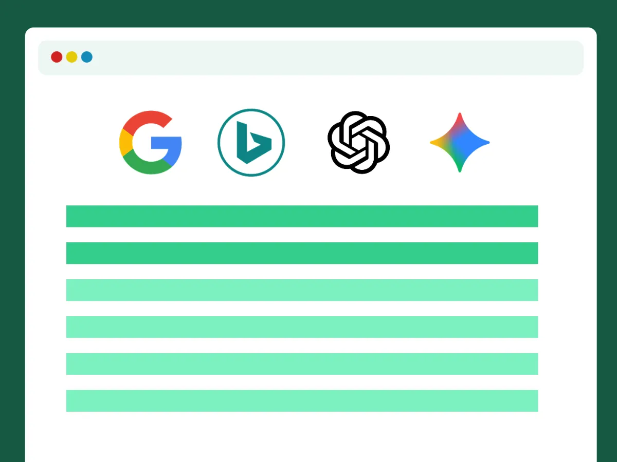 Browser window with icons of Google, Bing, OpenAI, and a colorful spark symbol above green and teal horizontal bars representing text or search results.
