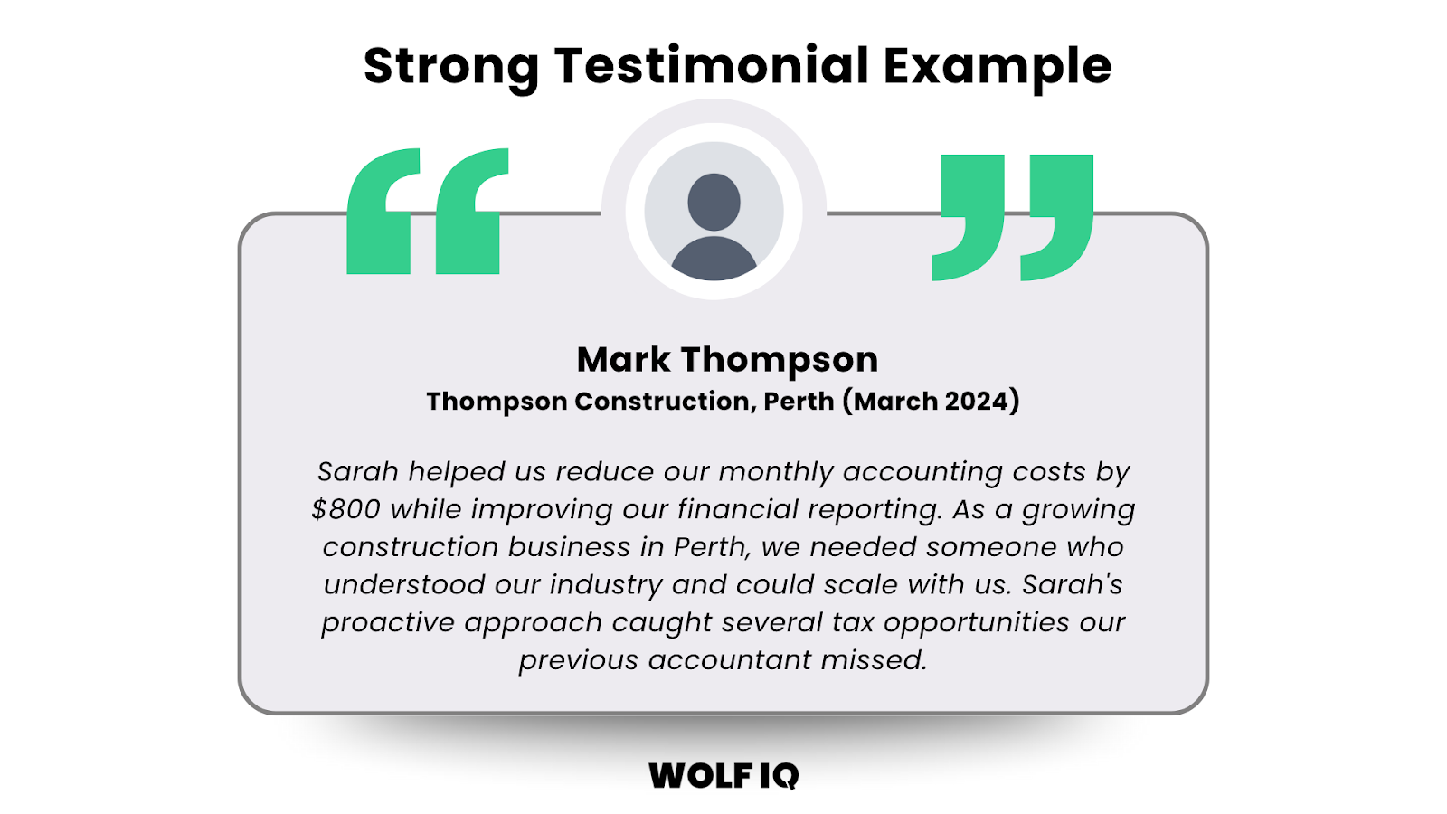 Customer testimonial graphic example displaying specific results and client details - Wolf IQ