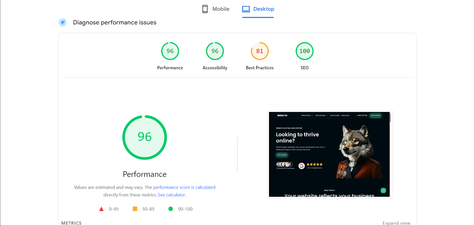 Google PageSpeed Insights performance score graphic showing optimal mobile load speed metrics - Wolf IQ