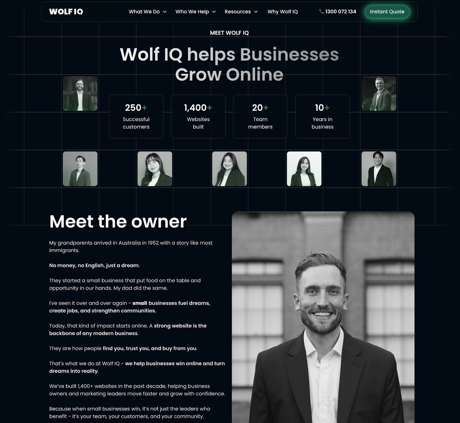 Wolf IQ team and owner Andy Crebar displaying business stats of 1,400+ websites built - Wolf IQ