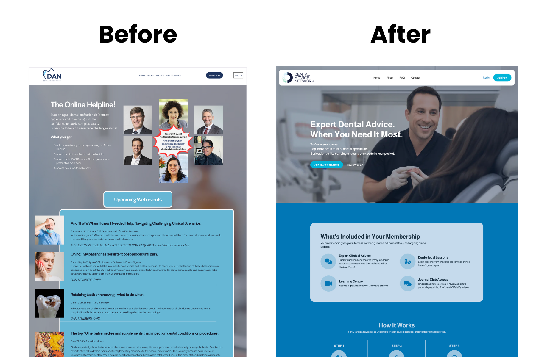 Dental Advice Network before and after website redesign