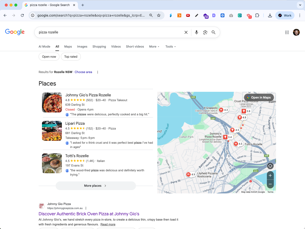 Google search results page for Johnny Gio's Pizza in Rozelle showing top local map pack rankings - Wolf IQ