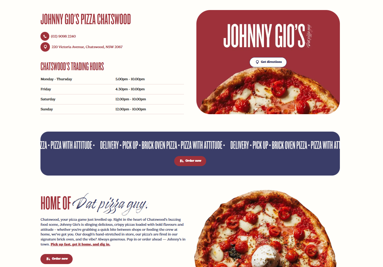 Hyper-local landing page example for Johnny Gio's Pizza Chatswood featuring local trading hours and contact info - Wolf IQ