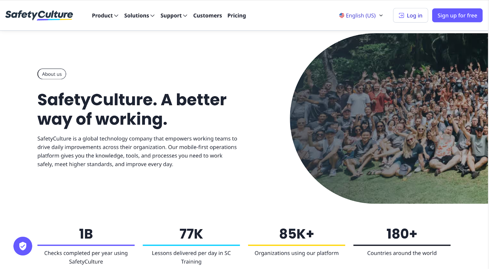 SafetyCulture About Us page showing their mission "A better way of working" alongside statistics like 1 billion annual checks and 85k+ organizations - Wolf IQ