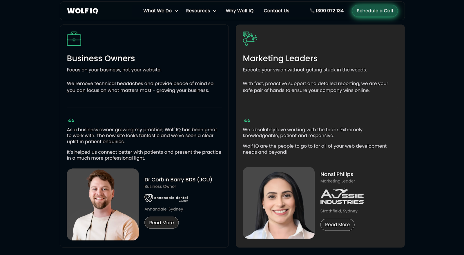 Real testimonials from named clients (such as Dr Corbin Barry from Annandale Dental) alongside their photos and company logos - Wolf IQ
