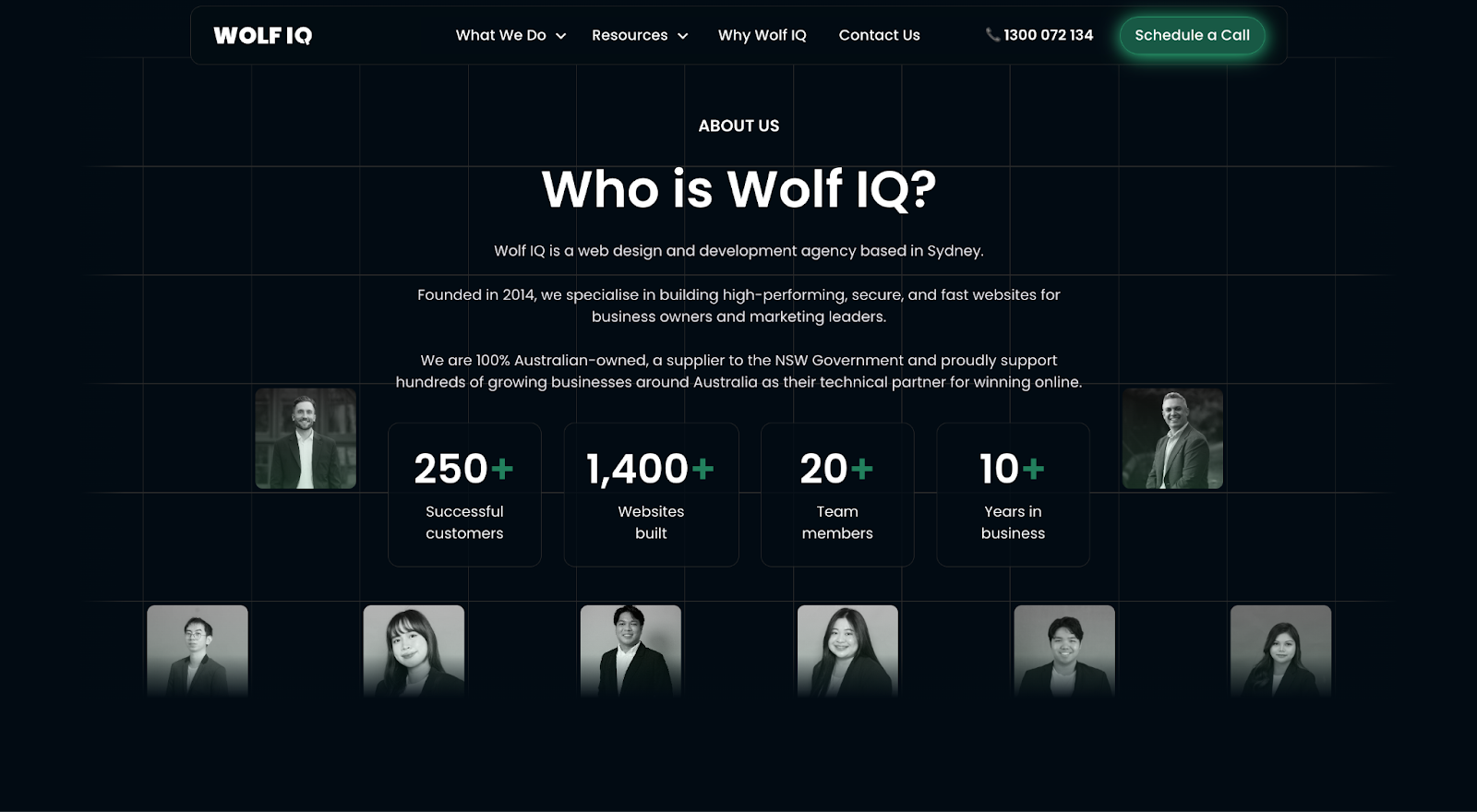 Wolf IQ About Us page layout showing a grid of professional team headshots and statistics including "1,400+ websites built" and "10+ years in business - Wolf IQ