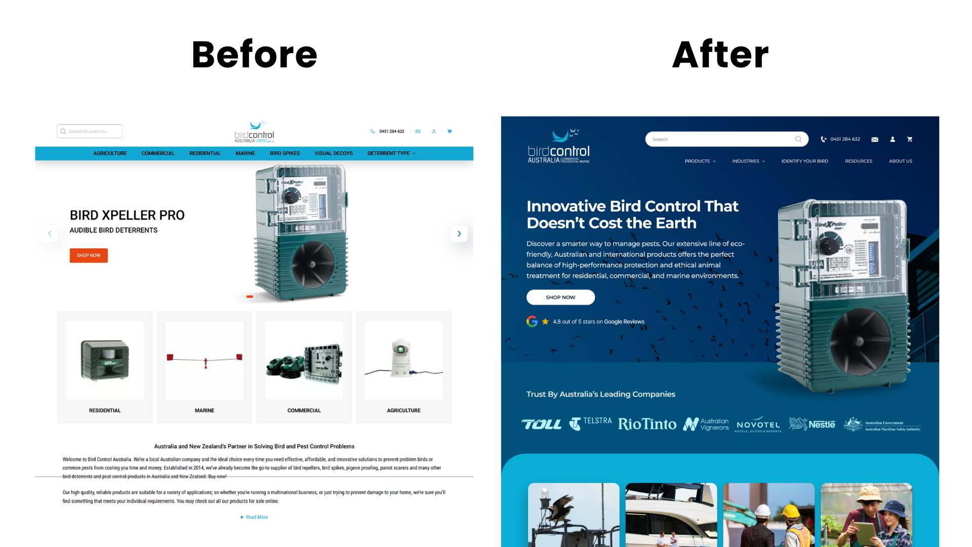 Bird Control Australia before and after website redesign