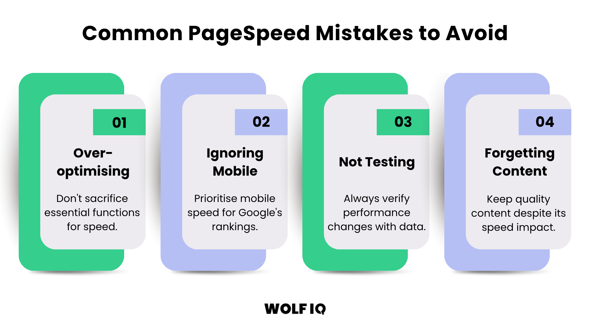 A structured digital webpage layout highlighting the common mistake of forgetting about high-quality content while over-optimising for speed. - Wolf IQ