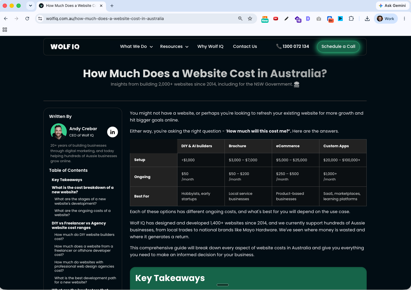 Screenshot of the Wolf IQ "How Much Does a Website Cost in Australia?" article, showing a cost comparison table for DIY, brochure, eCommerce, and custom app websites. - Wolf IQ