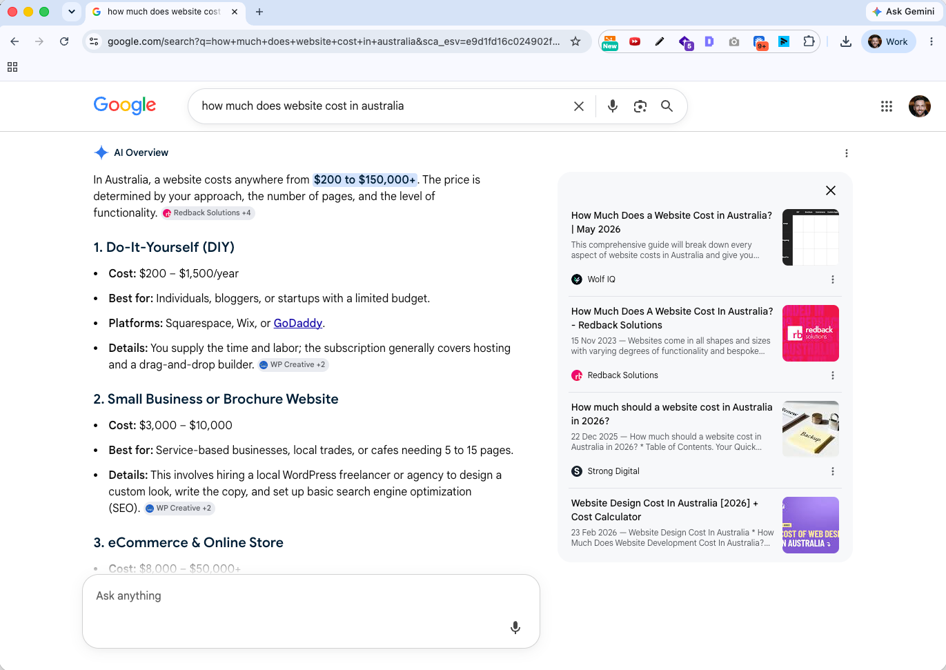 Google search results page showing an AI Overview for the query "how much does website cost in Australia," with Wolf IQ ranking as the top featured result in the AI-generated summary panel. - Wolf IQ