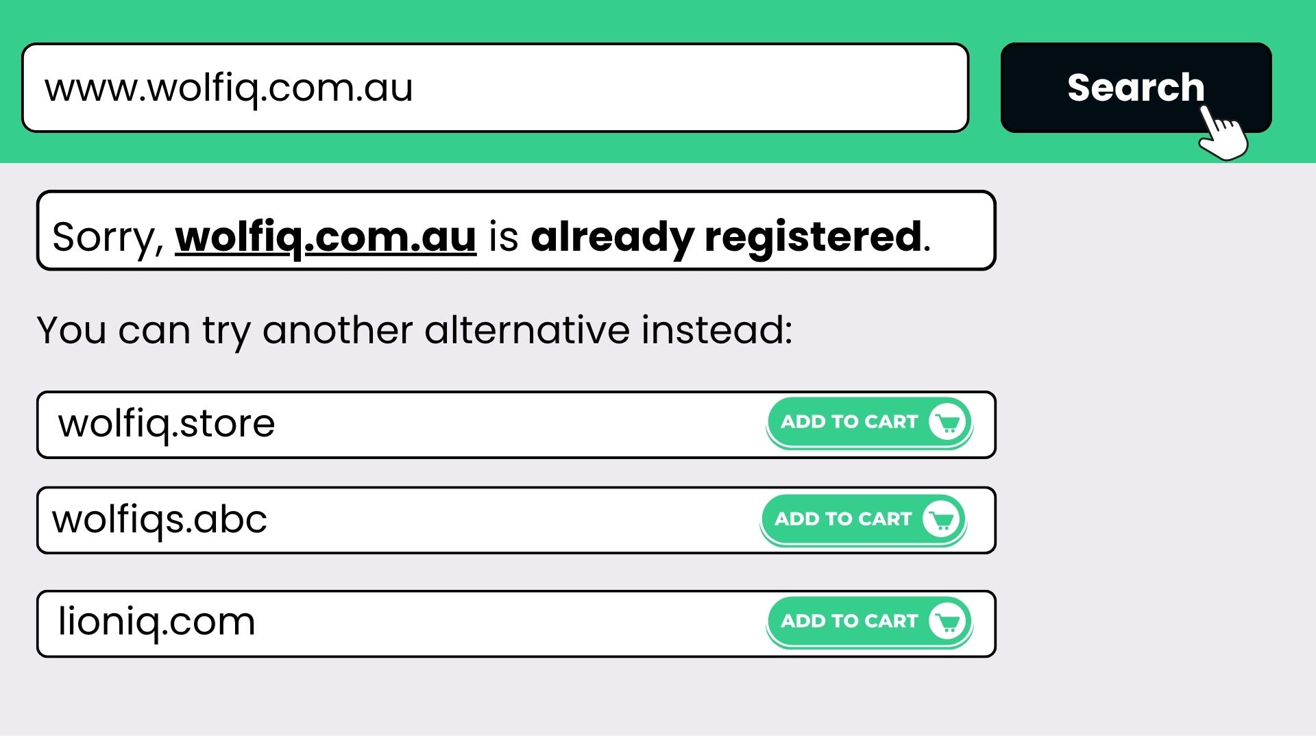 Domain search showing “wolfiq.com.au is already registered” with alternative options offered