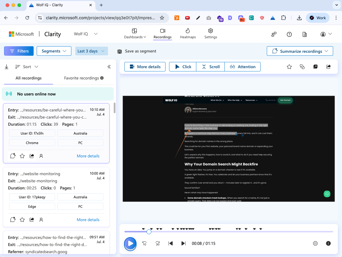 Microsoft Clarity session replay showing user clicks and page scrolls on Wolf IQ’s site content. -wolf iq