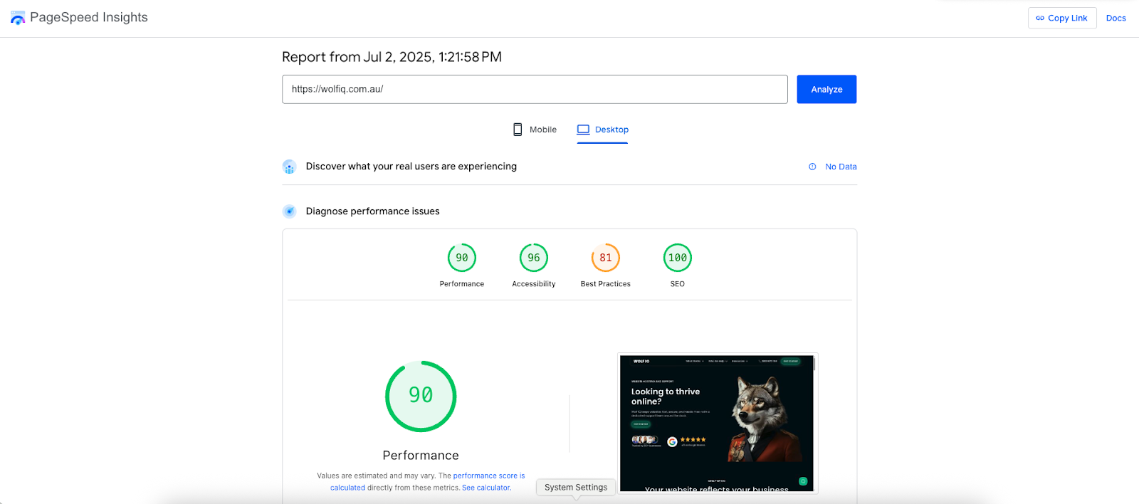 PageSpeed Insights report for wolfiq.com.au showing scores: Performance 90, Accessibility 96, Best Practices 81, SEO 100 - Wolf IQ
