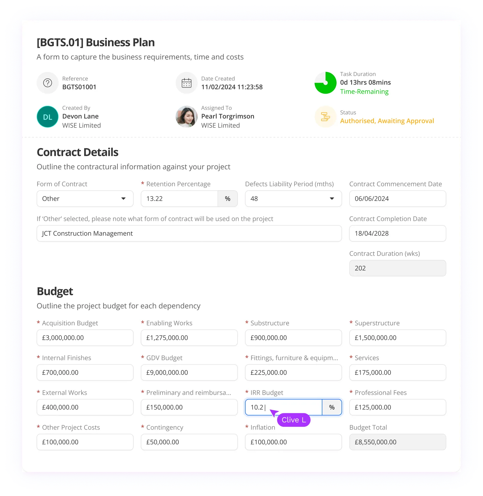 Image of our form fields for data entry