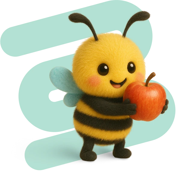 An image of bee holding an apple