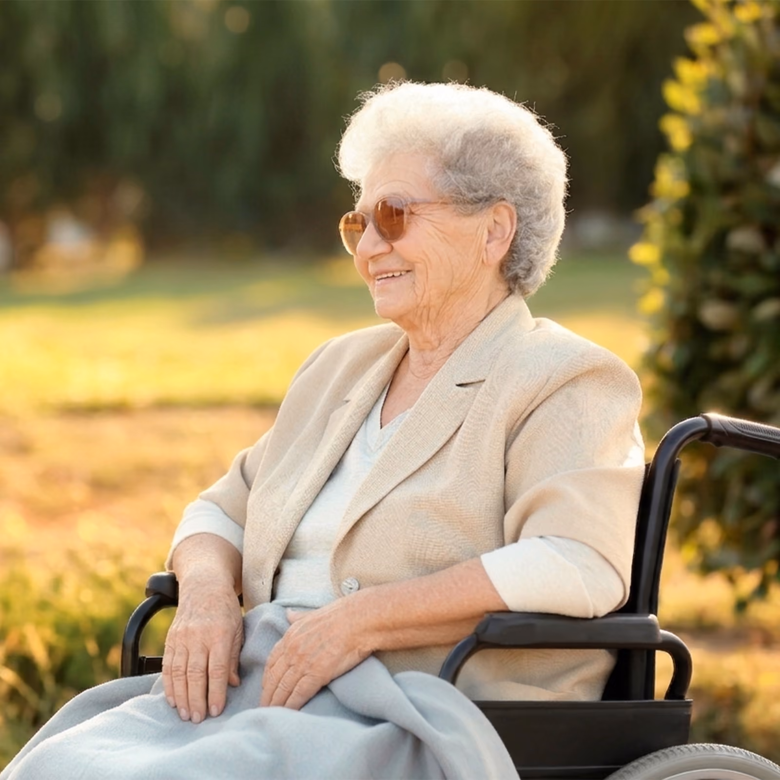 Ältere glückliche Dame sitz in Rollstuhl