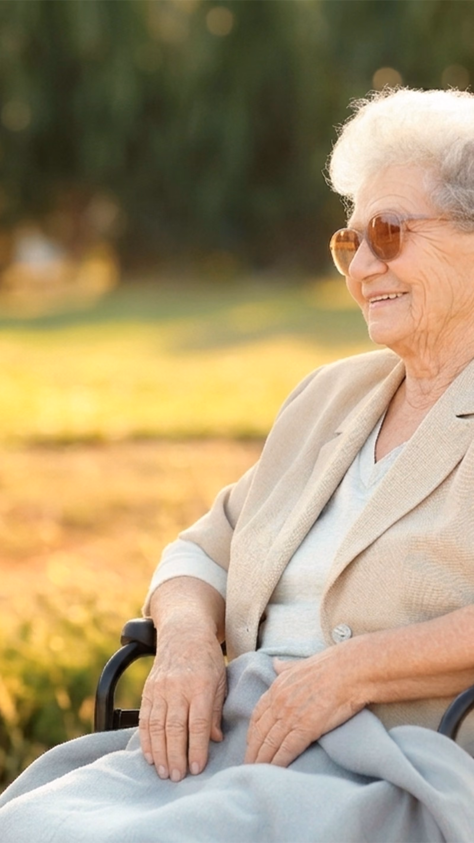 Alte Dame sitzt in Rollstuhl im Freien und lacht