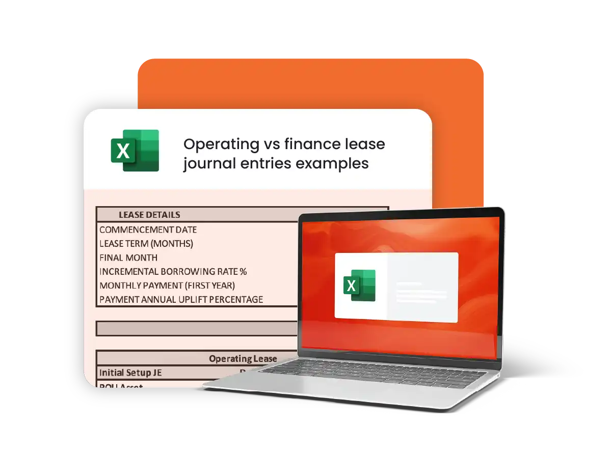 A financial spreadsheet with tables showing income statements, balance sheets, and journal entries for operating and finance leases across two years. Key figures include revenue, expenses, assets, and liabilities, with various monetary values listed.