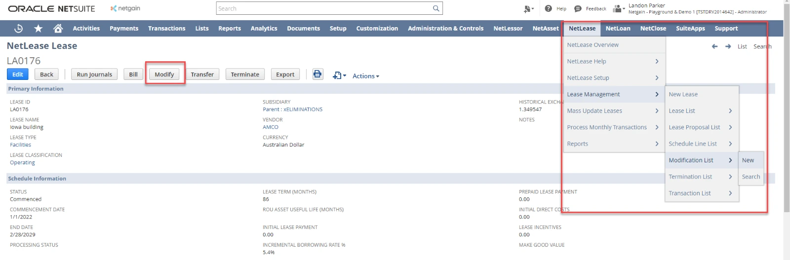 Lease modification menu in NetLease