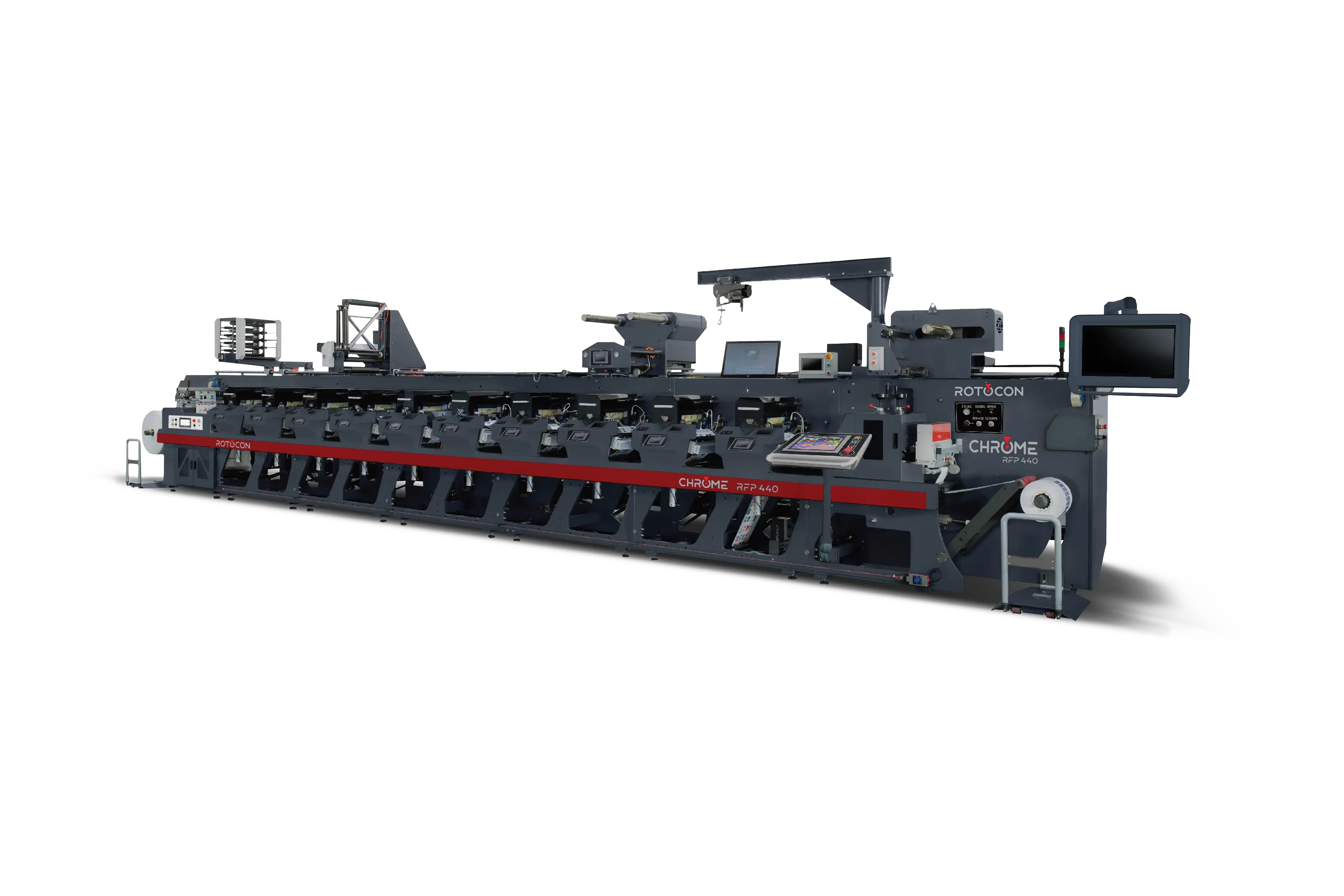 Large industrial Rotocon Chrome RFP 440 printing machine with multiple control panels and a roll feeder.