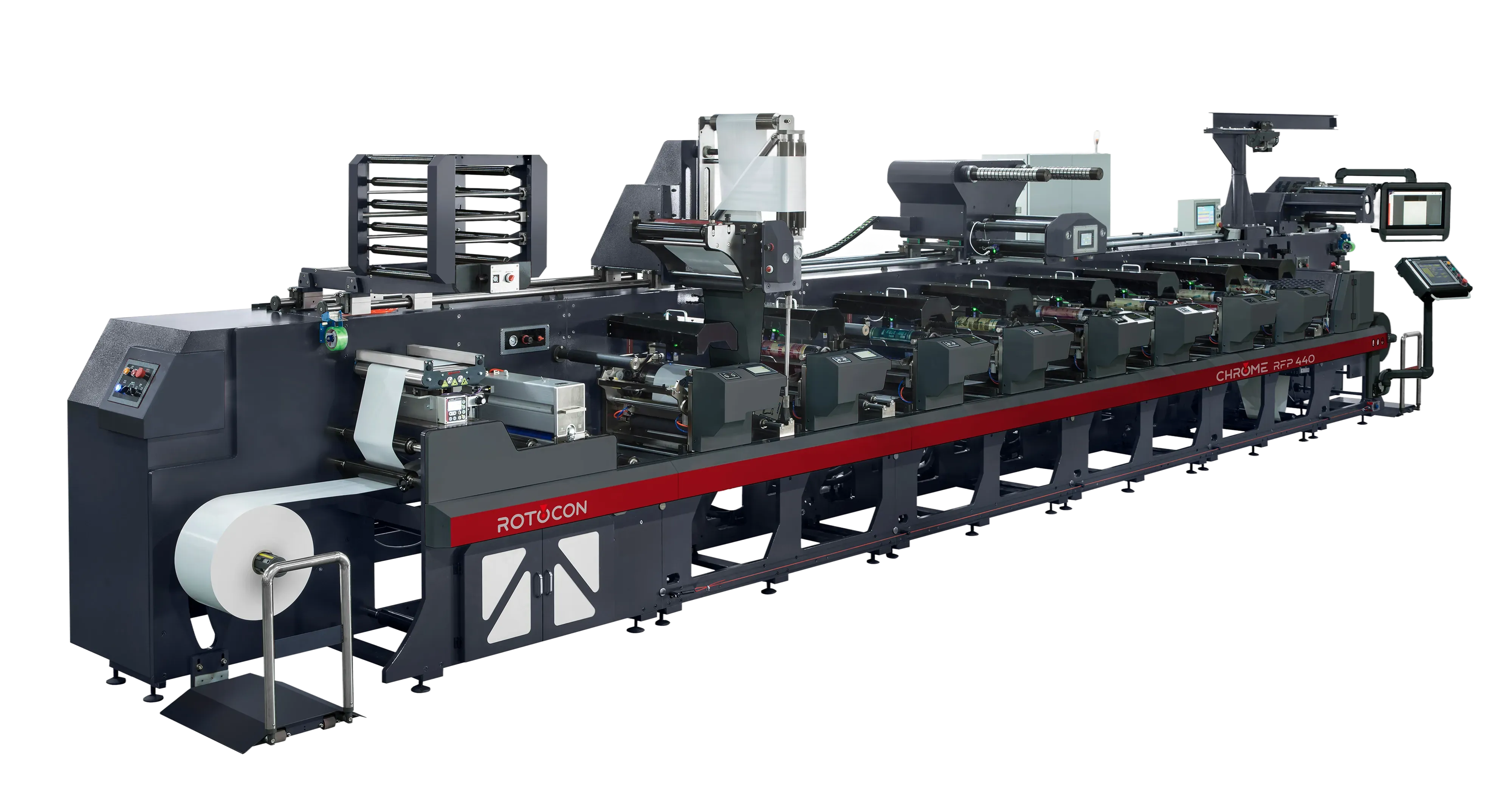 Large industrial printing machine labeled Rotocon Chrome RFP 440 with multiple printing units and a roll of white material.