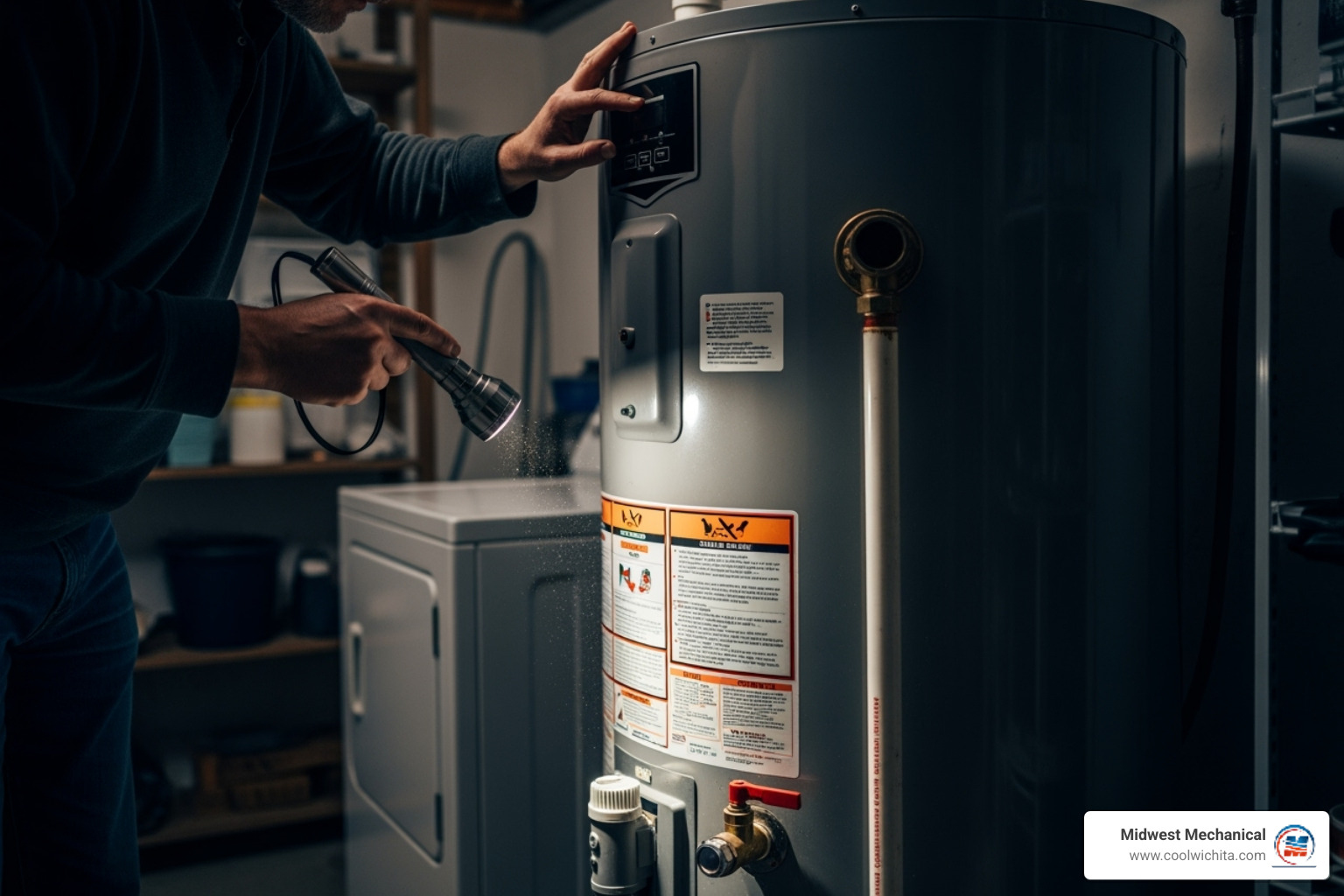 of a homeowner inspecting their water heater with a flashlight - No hot water
