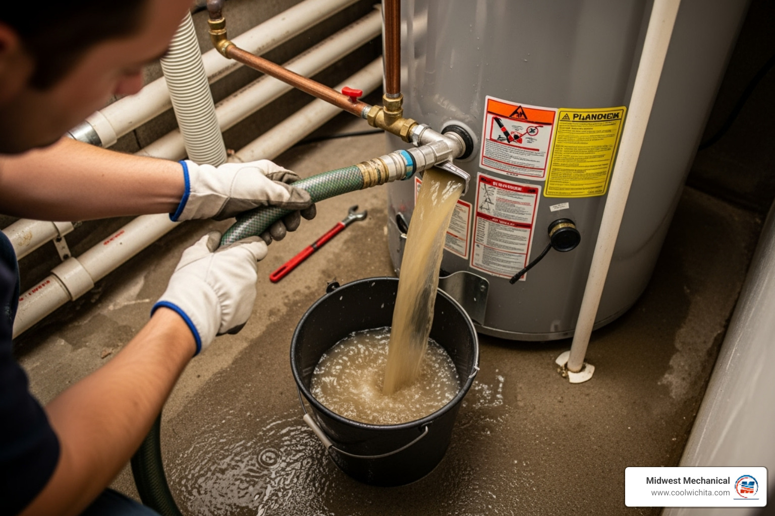 of sediment being flushed from a water heater tank - No hot water