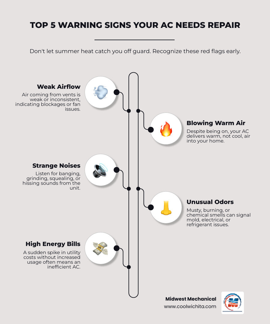 Warning signs your air conditioner needs repair in Wichita including weak airflow, warm air, strange noises, unusual odors, and high energy bills - air conditioner repair wichita infographic infographic-line-5-steps-neat_beige