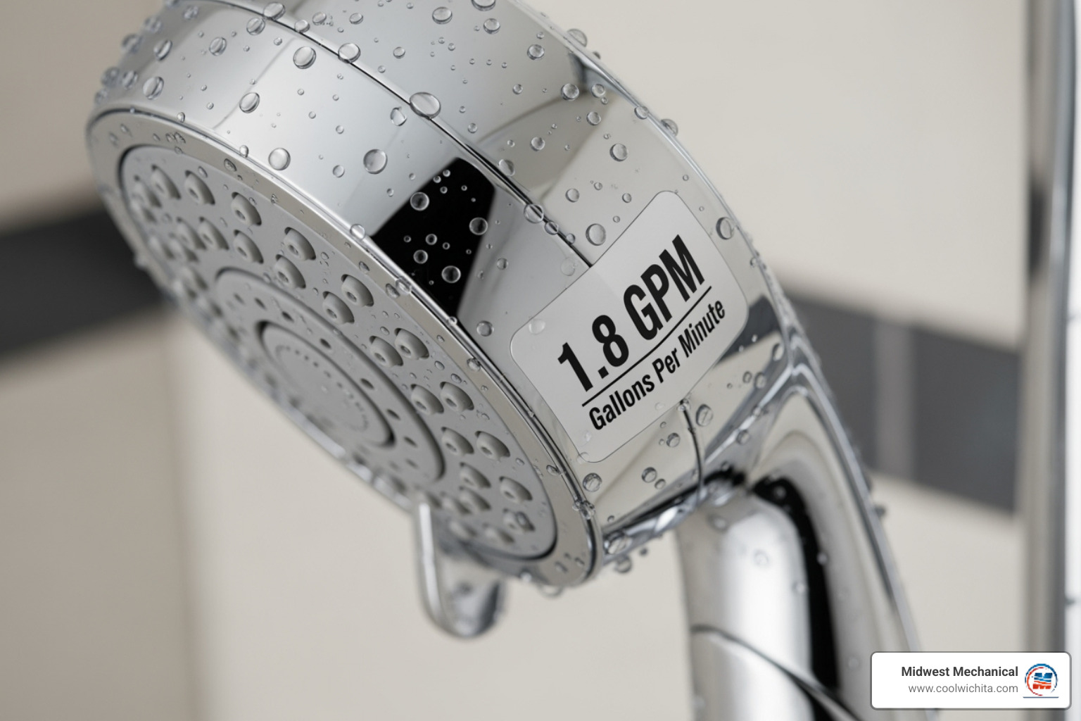label on a showerhead showing its GPM rating - tankless water heater flow rate