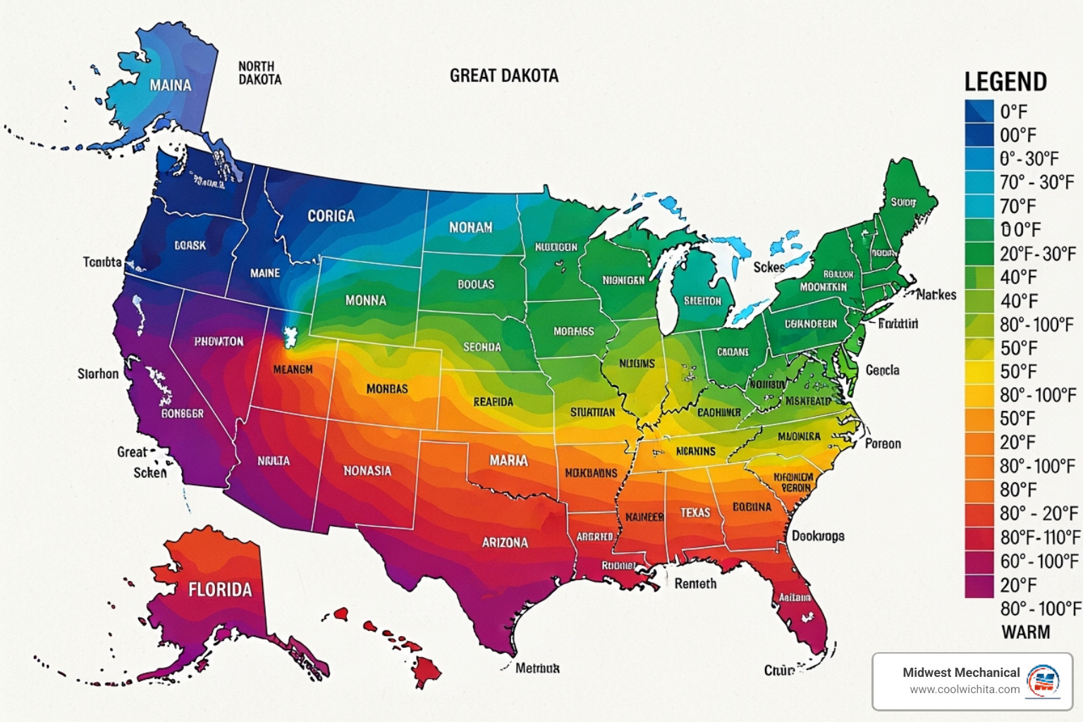US map showing average groundwater temperatures by region - tankless water heater flow rate