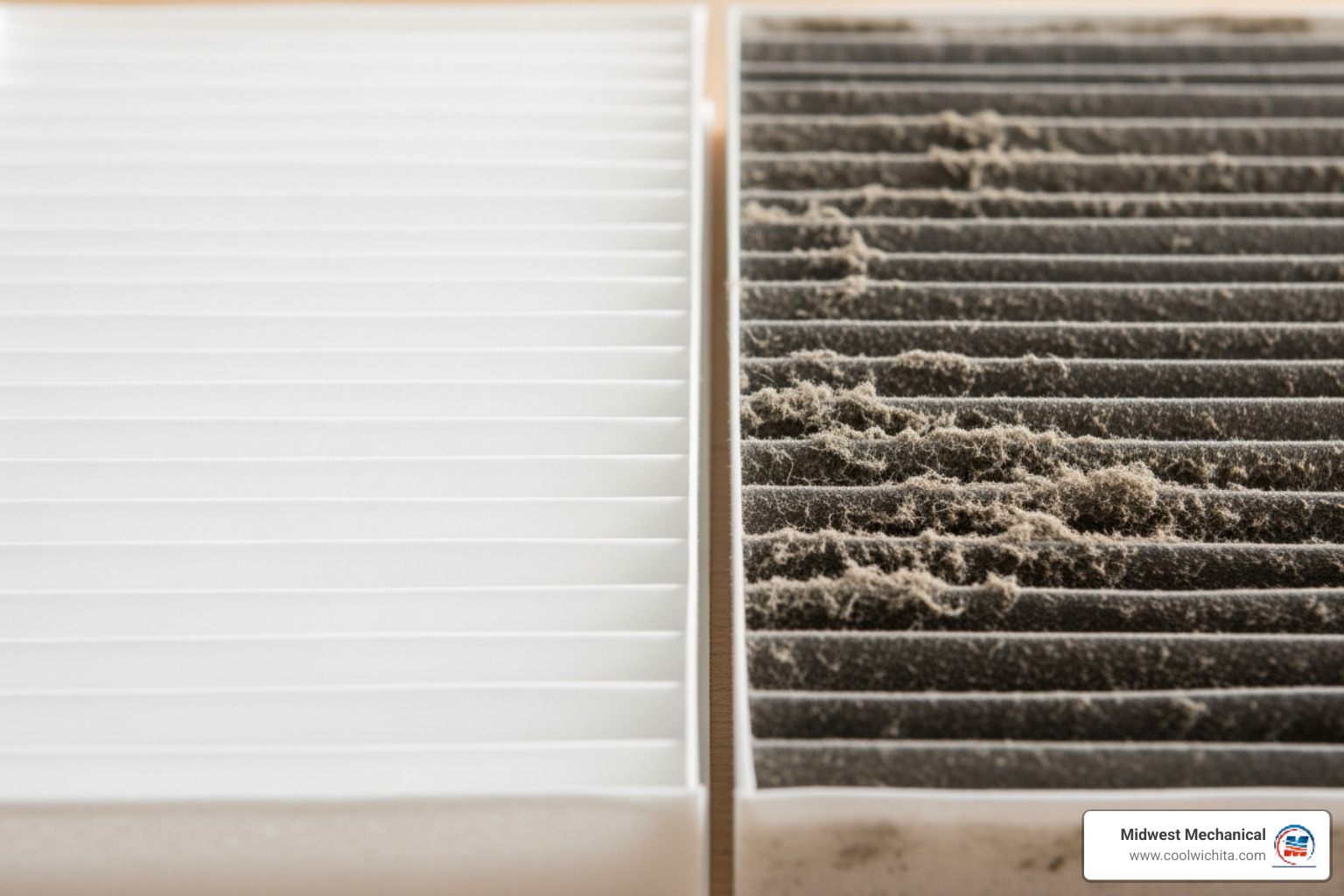 A clean air filter next to a dirty one. - Wichita heating repair