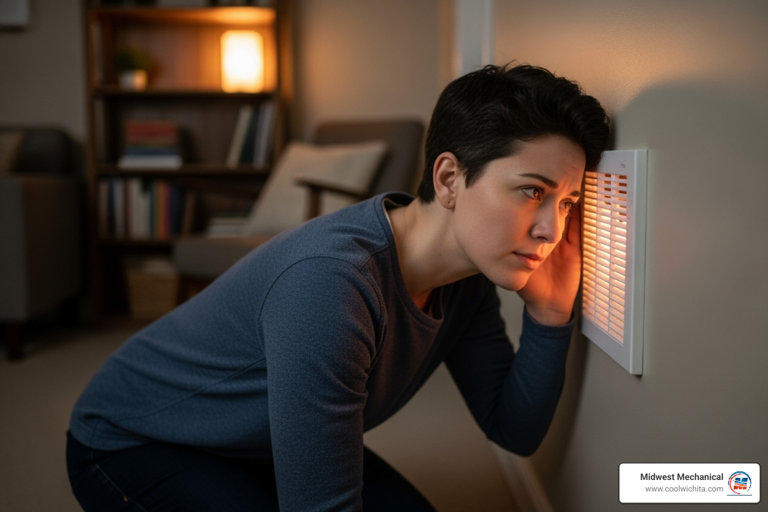 A person listening to a noisy furnace vent - Wichita heating repair