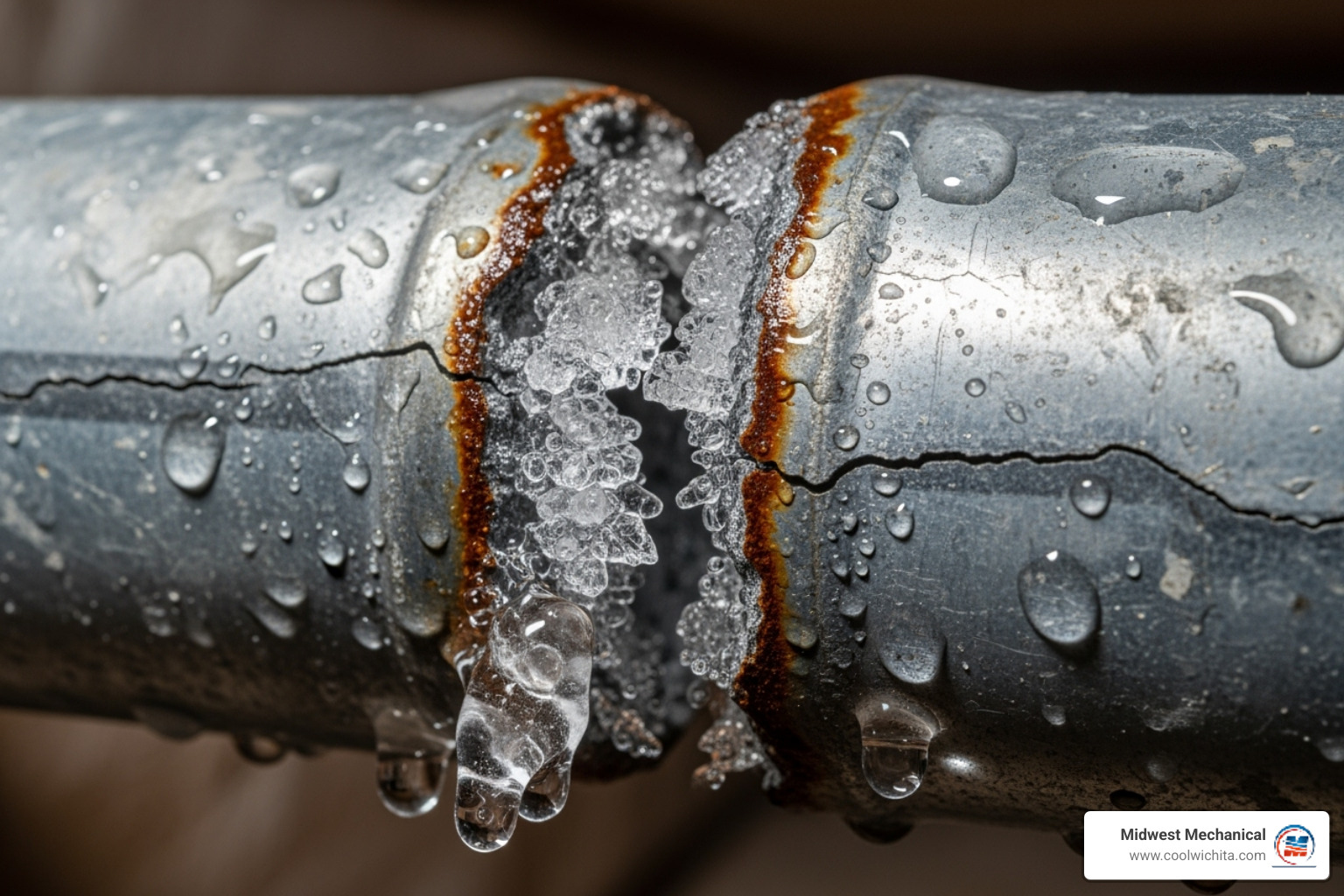 A frozen and cracked pipe, showing the destructive power of expanding ice within a plumbing system. - burst pipe repair