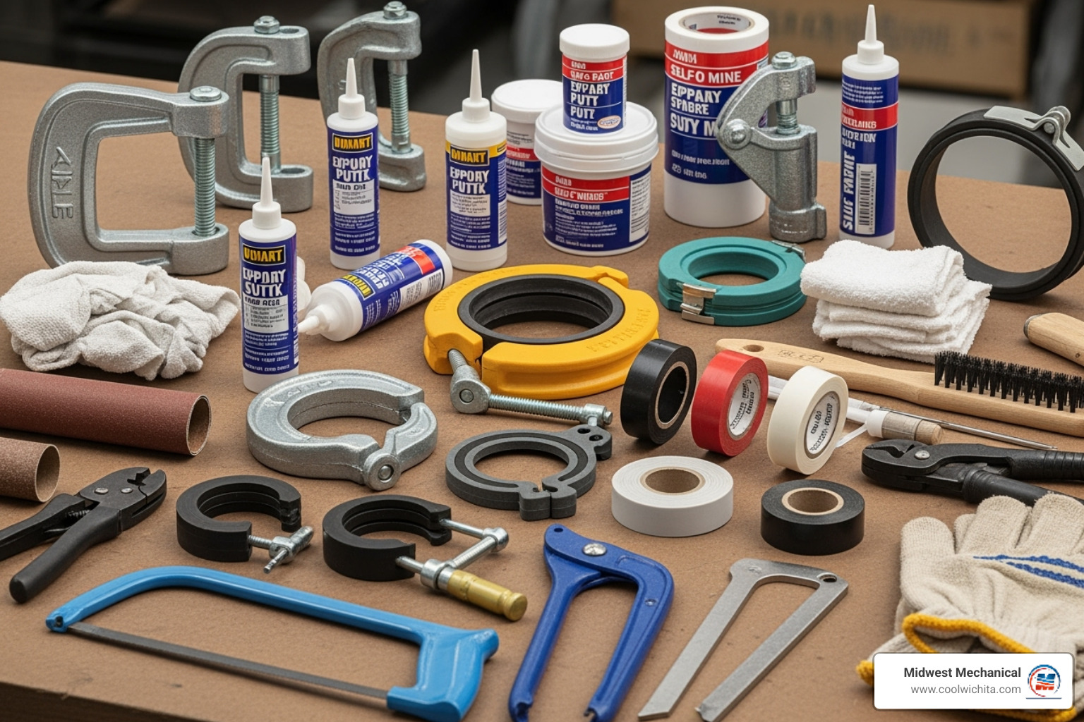 Tools needed for temporary pipe repair, including pipe clamps, epoxy putty, and silicone tape. - burst pipe repair
