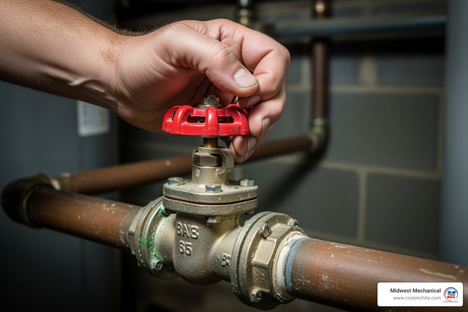 A hand turning a main water shut-off valve, illustrating the crucial first step in a burst pipe emergency. - burst pipe repair