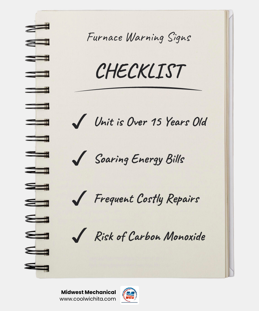 Infographic showing 7 key warning signs that indicate when a Wichita homeowner needs furnace replacement: furnace age over 15 years, frequent costly repairs, rising energy bills, strange operating noises, uneven home heating, visible rust or cracks on unit, and carbon monoxide safety concerns - furnace replacement Wichita infographic checklist-notebook