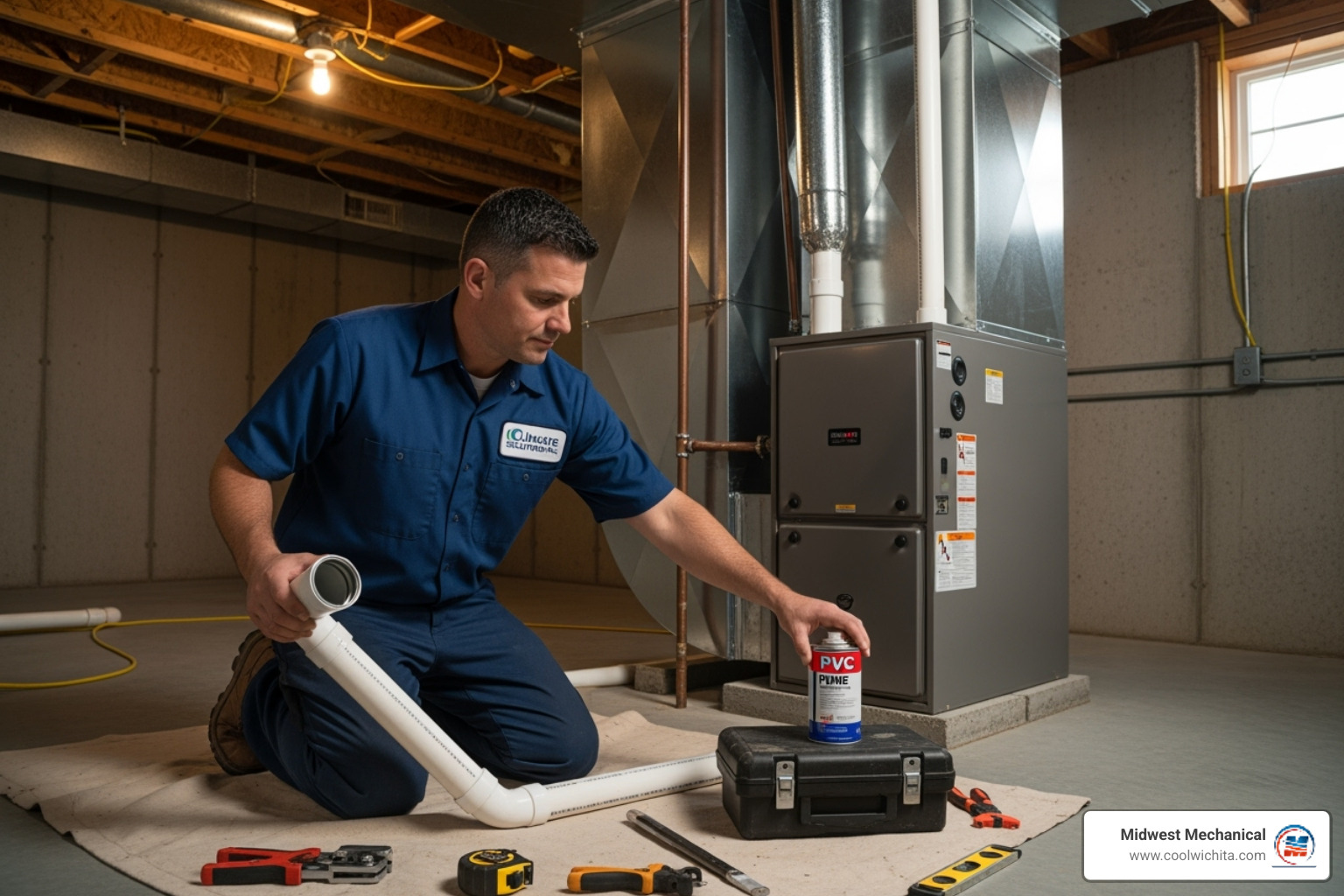 a professional HVAC technician installing a new furnace - furnace replacement Wichita