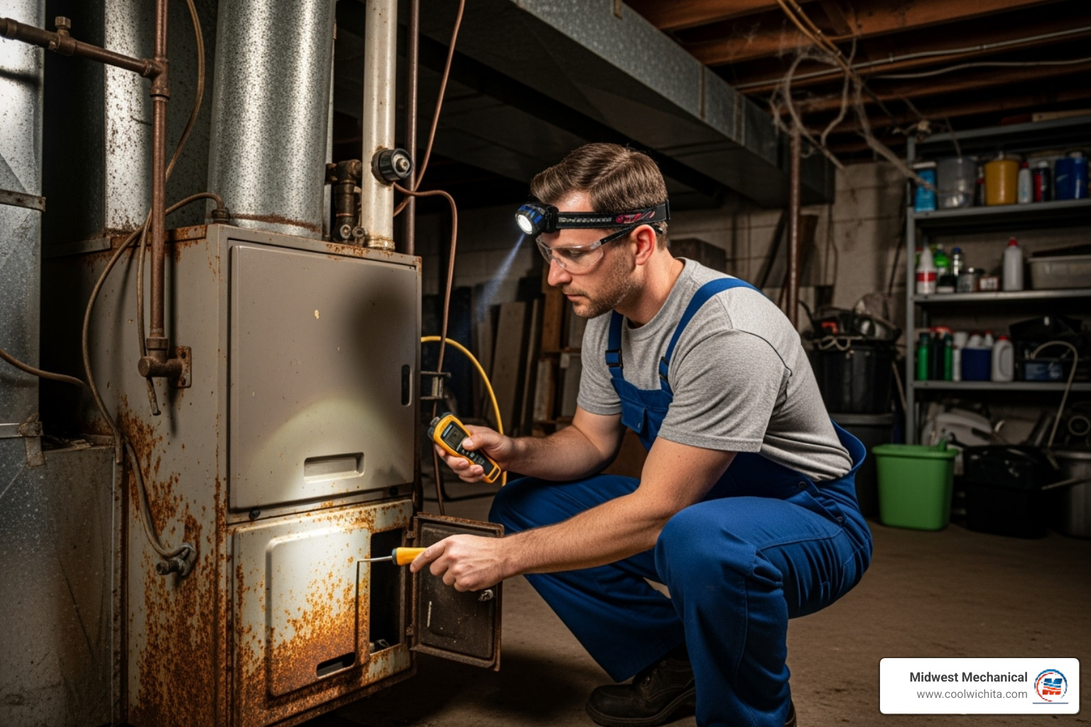 a technician inspecting an old, rusted furnace - furnace replacement Wichita