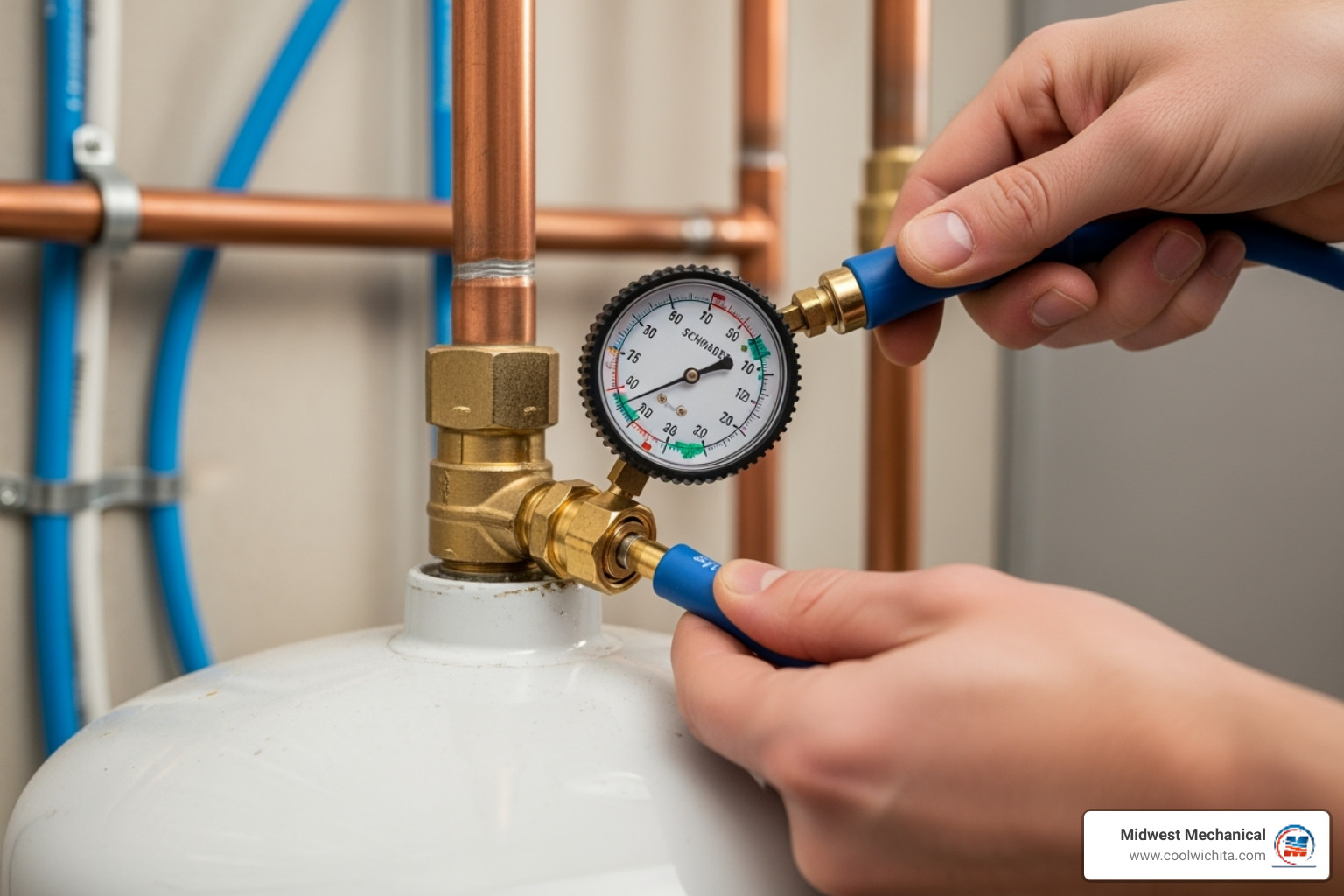tire pressure gauge on the tank's Schrader valve - water heater expansion tank