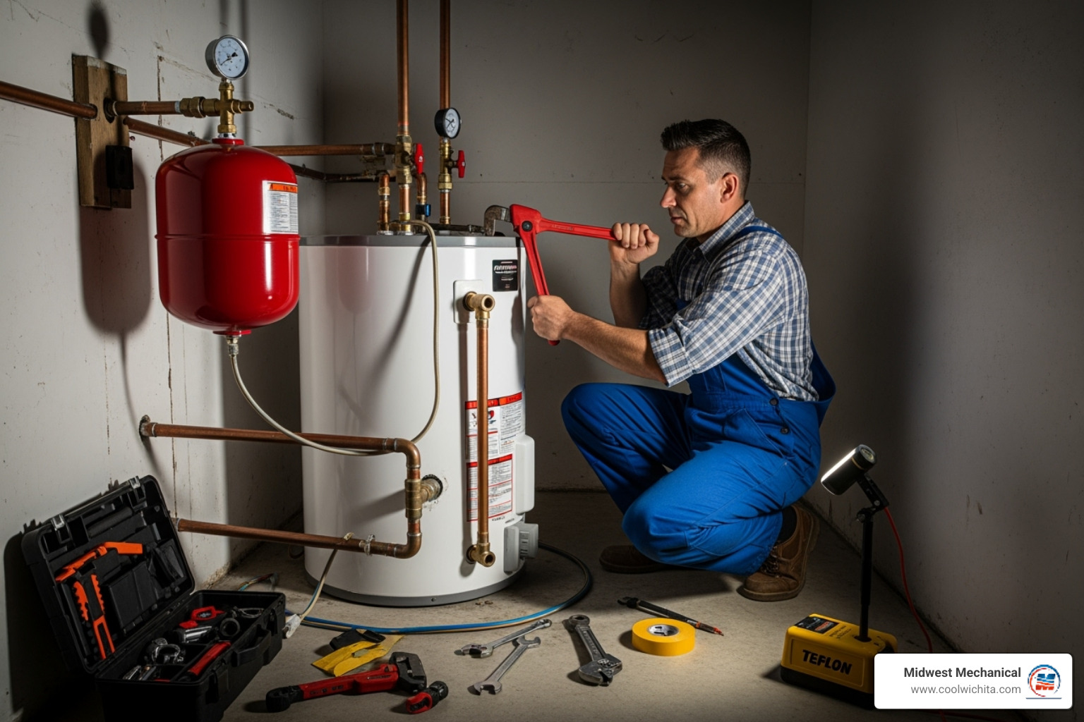 plumber installing an expansion tank - water heater expansion tank