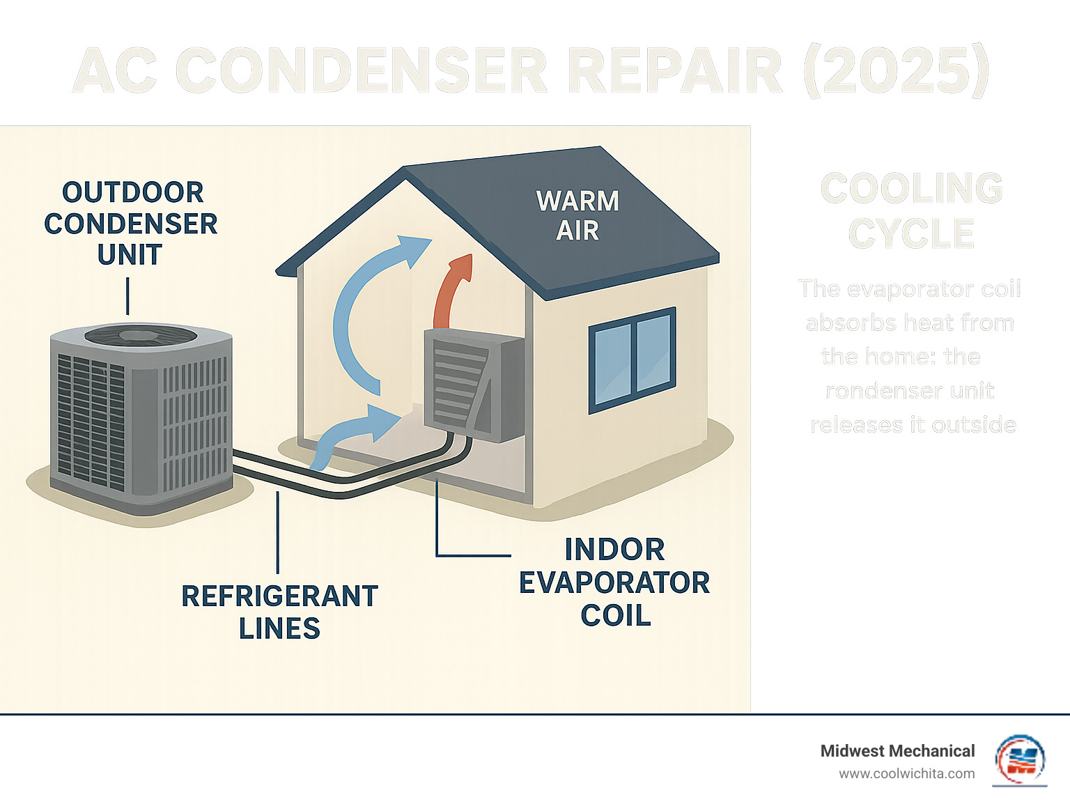 Infographic showing central air conditioning system components including outdoor condenser unit, indoor evaporator coil, refrigerant lines, and airflow patterns through a home with labels for each major component and the cooling cycle process - AC condenser repair infographic 
